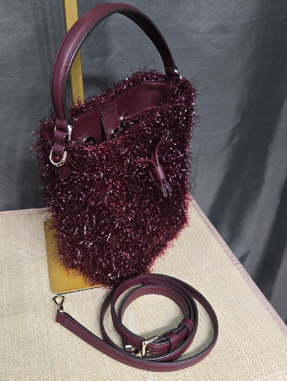 Like-new! kate spade Burgundy Metallic Tinsel Drawstring Bucket Bag - Picture 8 of 8